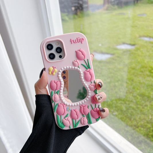 Silicone Tulip Embossed Pearl Mirror Phone Case for Apple iphone
