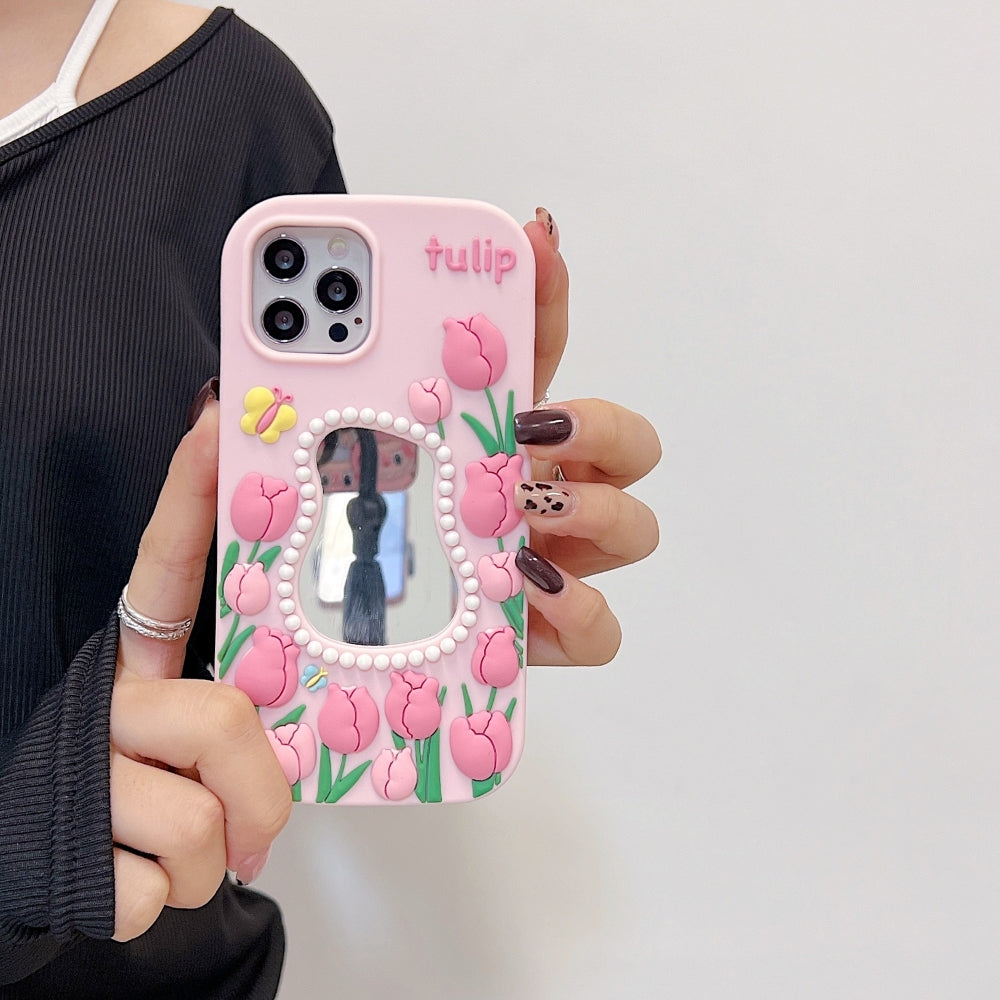 Silicone Tulip Embossed Pearl Mirror Phone Case for Apple iphone